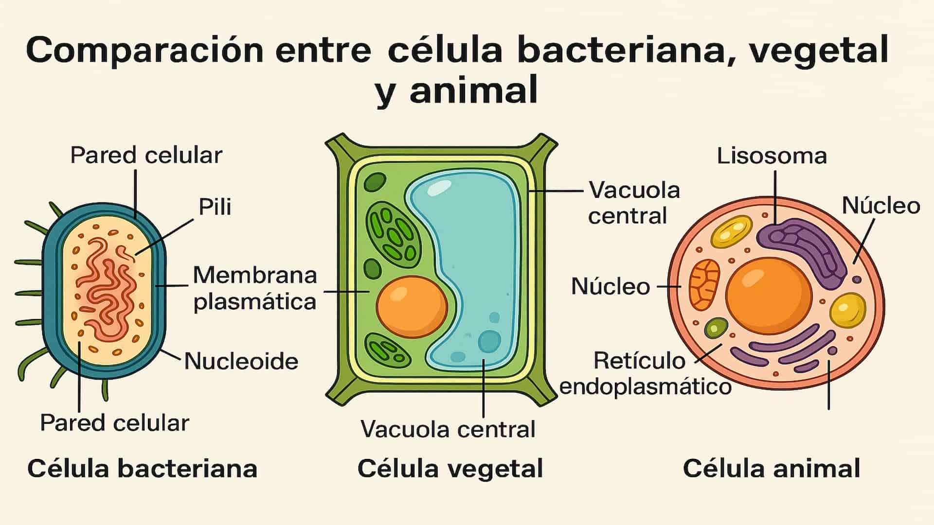 Comparación entre célula bacteriana, vegetal y animal