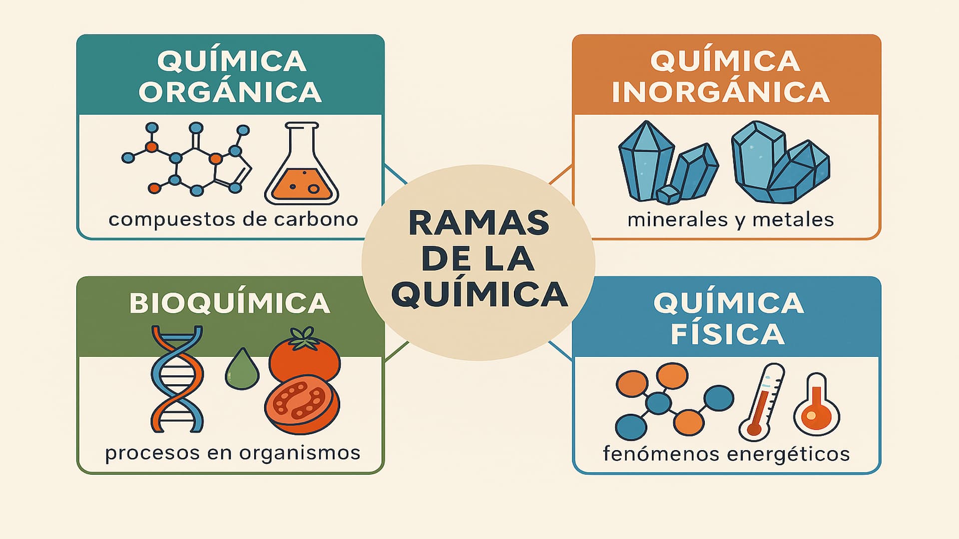 Ramas principales de la química con sus respectivas áreas de estudio